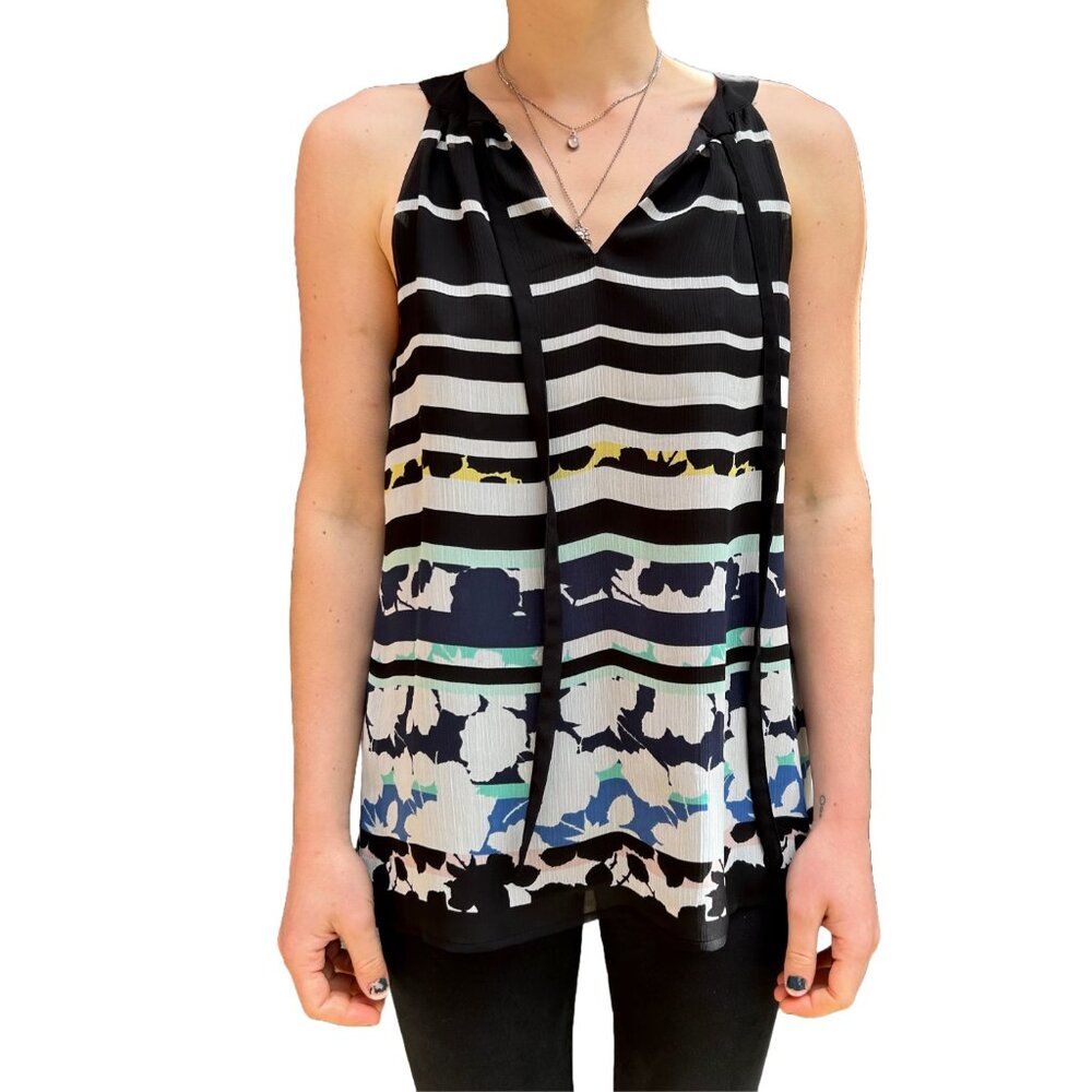 Elle High VNeck Tank Shirt Black Striped Blouse Flowy Floral A Line Work Tie Top